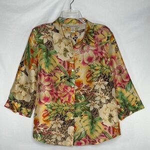 C.l.o.t.h.e.s Vintage Silk Blouse Floral Tropical Button Down 3/4 Sleeves Sz‎ M